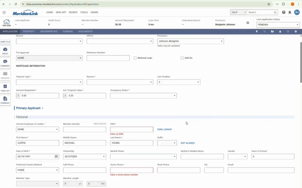 MeridianLink dashboard screenshot, showing auto populated fields